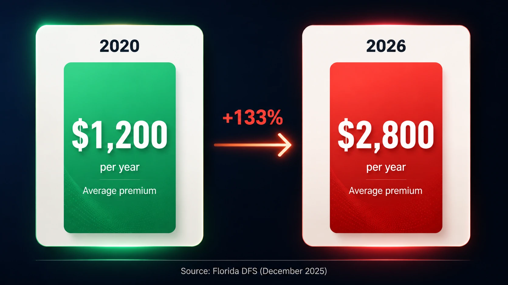 Home insurance premiums comparison Florida 2020 vs 2026 — increased from $1,200 to $2,800