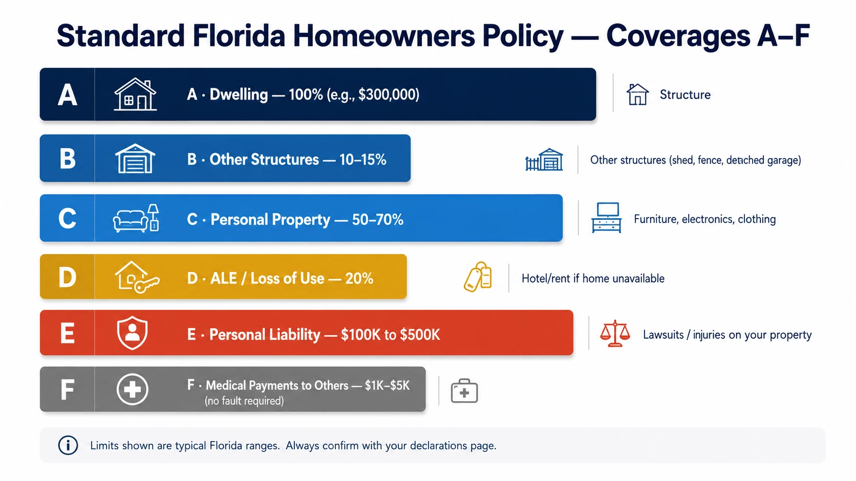 Infographic of A–F coverages in a standard Florida homeowners policy